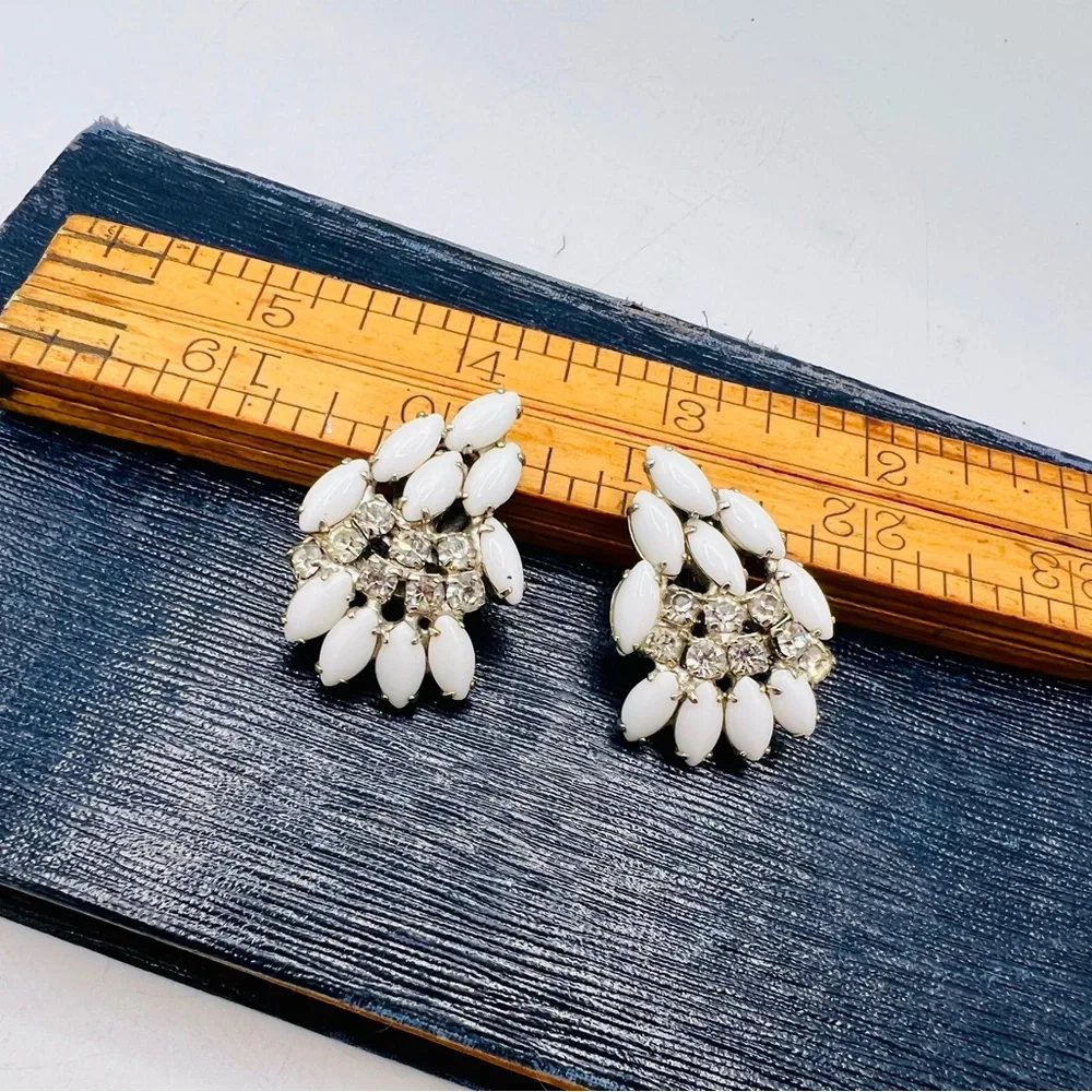 Vintage white glass rhinestone clip on earrings climbers milkglass